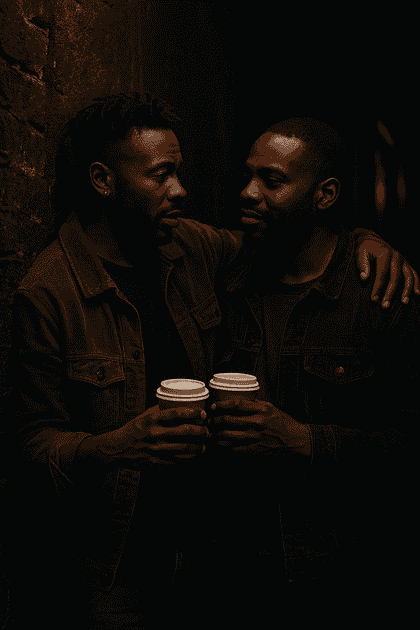 Cinematographic, moody portrait of two Black men in a dark alley corner, holding takeaway coffees and sharing an intimate chat.