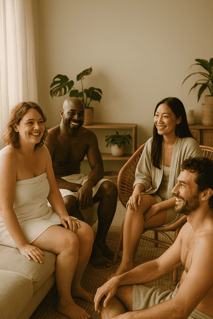 A warm, sunlit lounge scene depicting diverse adults in towels and light robes, relaxed in conversation — conveying body confidence, inclusion, and trust.
